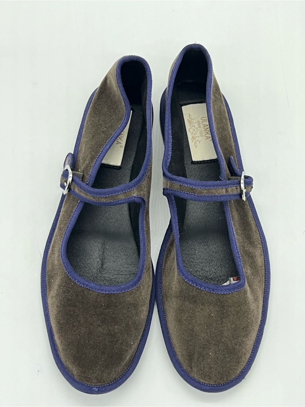 Women's Brownish Velvet Mary Jane Flats with bluish purple Trim
